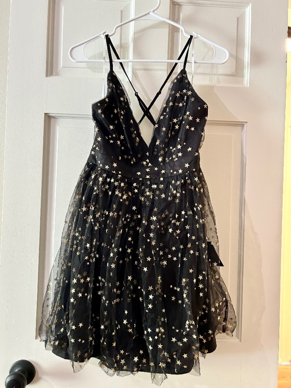 NWT Lulus Favorite Moment Black & Gold Star Print Skater Dress
